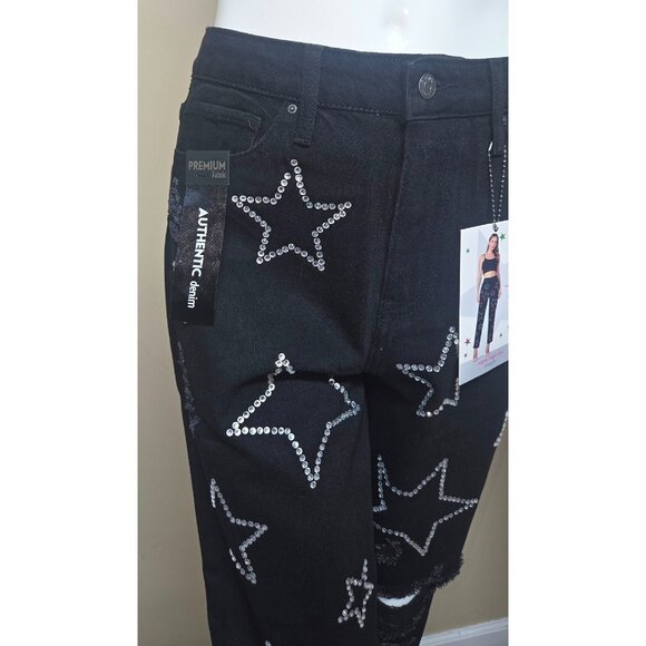 Simple Society Bling Stars Distress Super High Rise Black Jeans Size 7/ 28 NEW - Picture 6 of 10